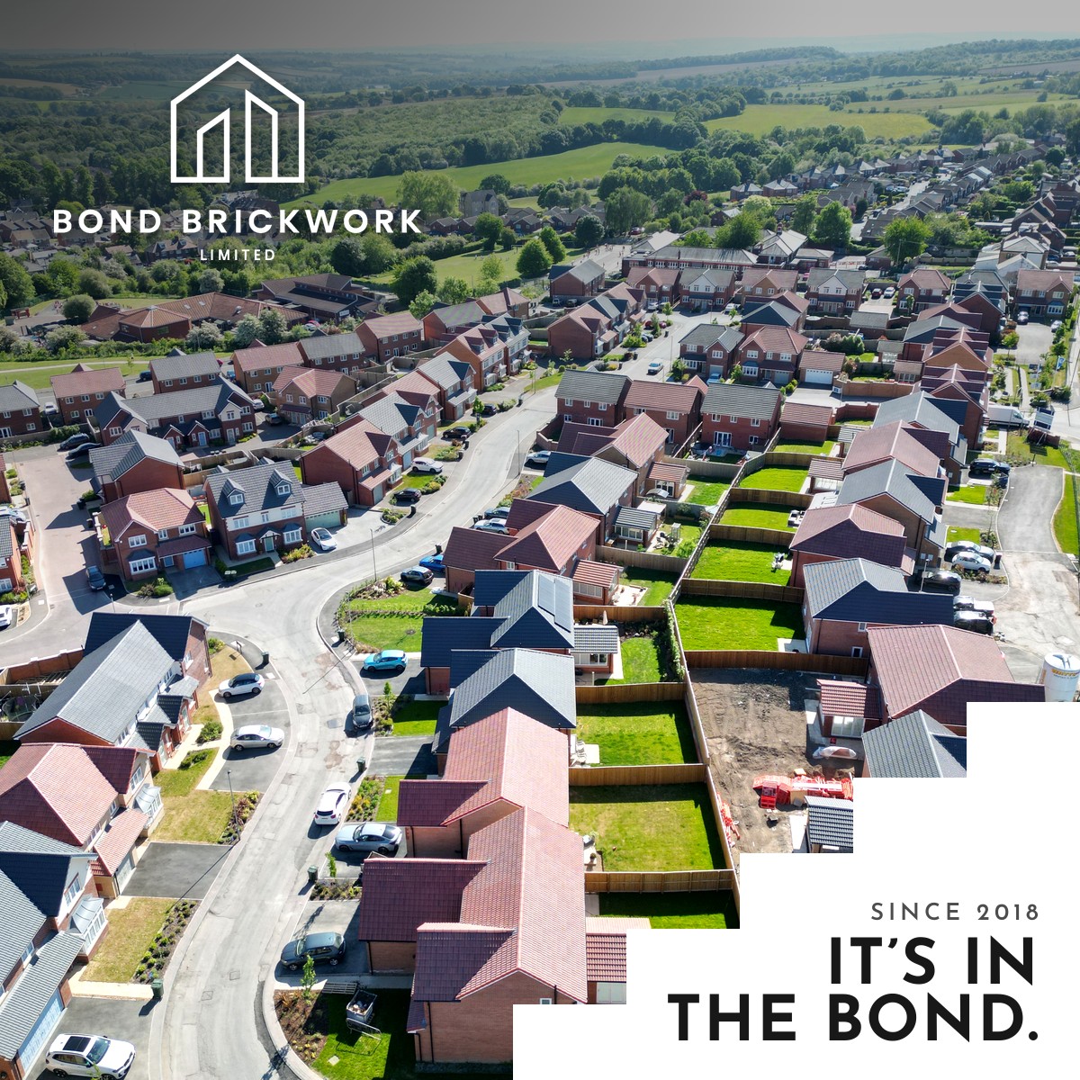 Bond Brickwork logo and the words Since 2018, It's in the Bond, over a drone view of the Thorpe Hesley development